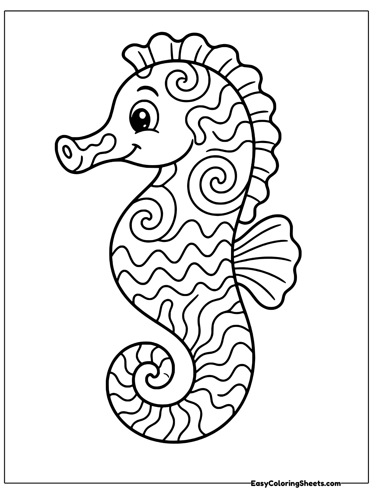 A smiling seahorse curls its tail into a spiral, its body filled with groovy swirls and bold wavy bands.
