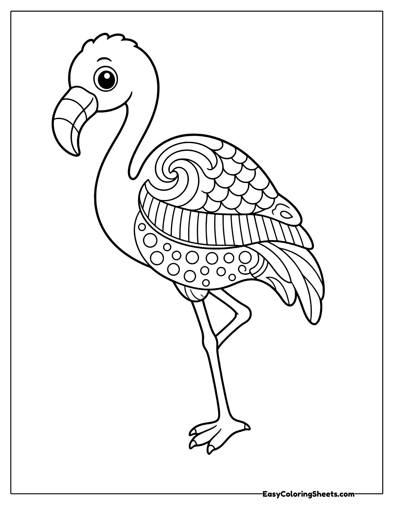 Flamingo on one leg with a wing full of zentangle feathers and swirls