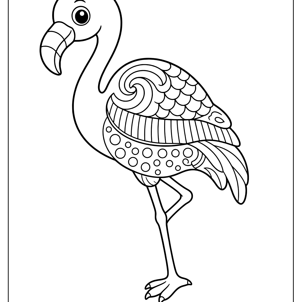 Flamingo on one leg with a wing full of zentangle feathers and swirls