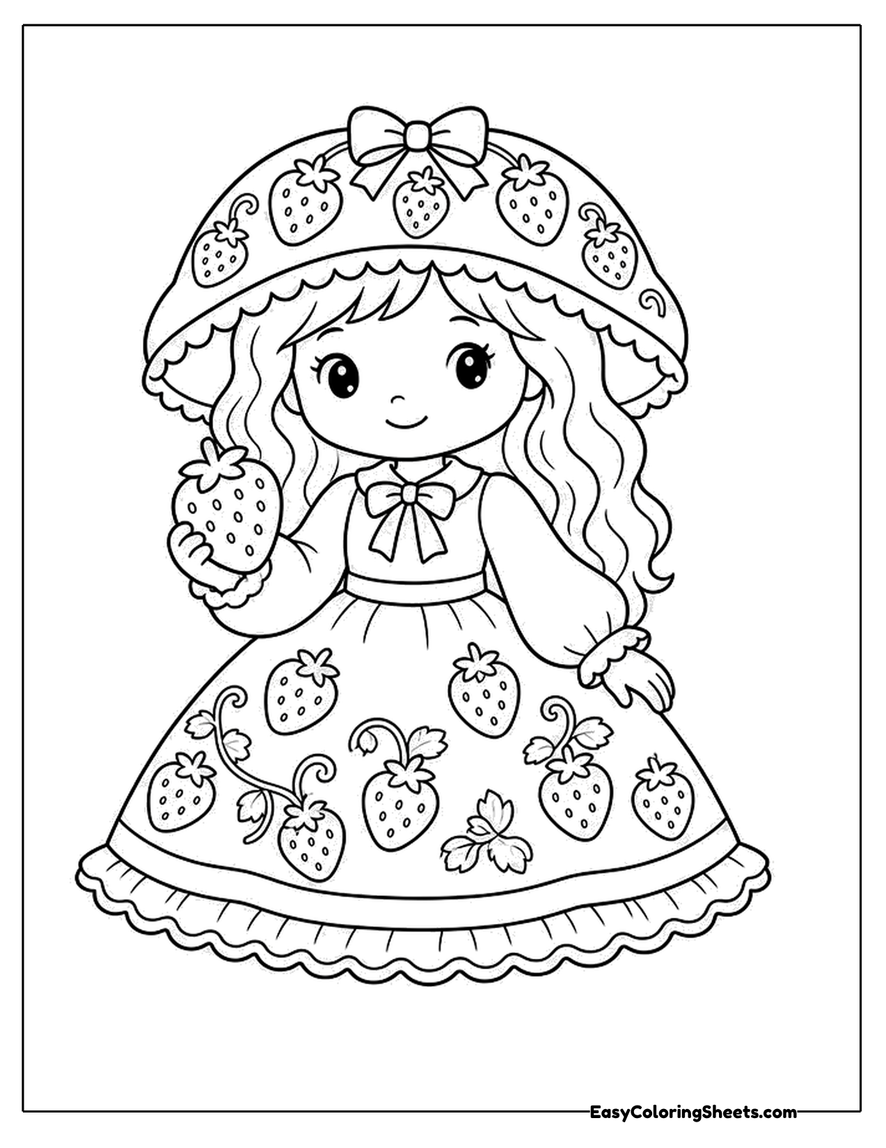 Girl in a strawberry dress and big bonnet holding a berry
