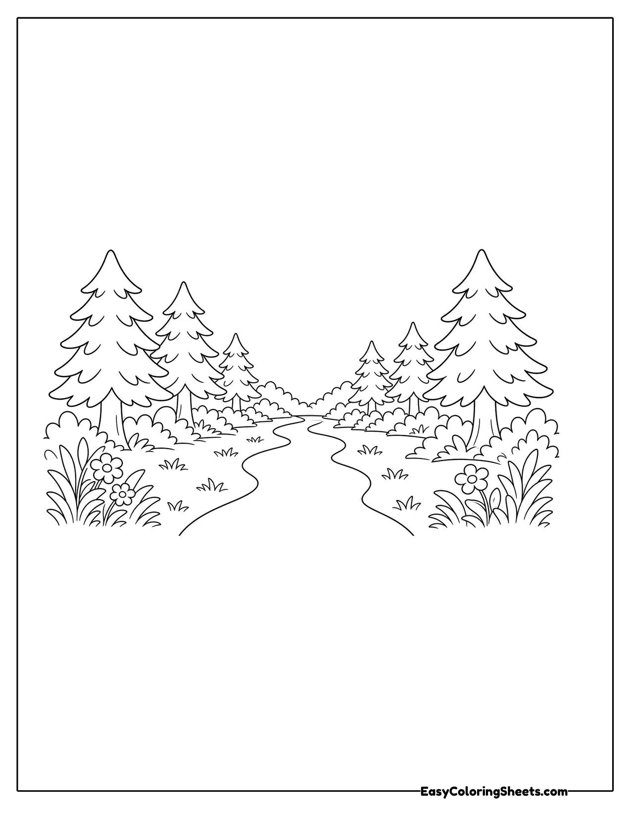 Winding dirt path running between pine trees and bushes