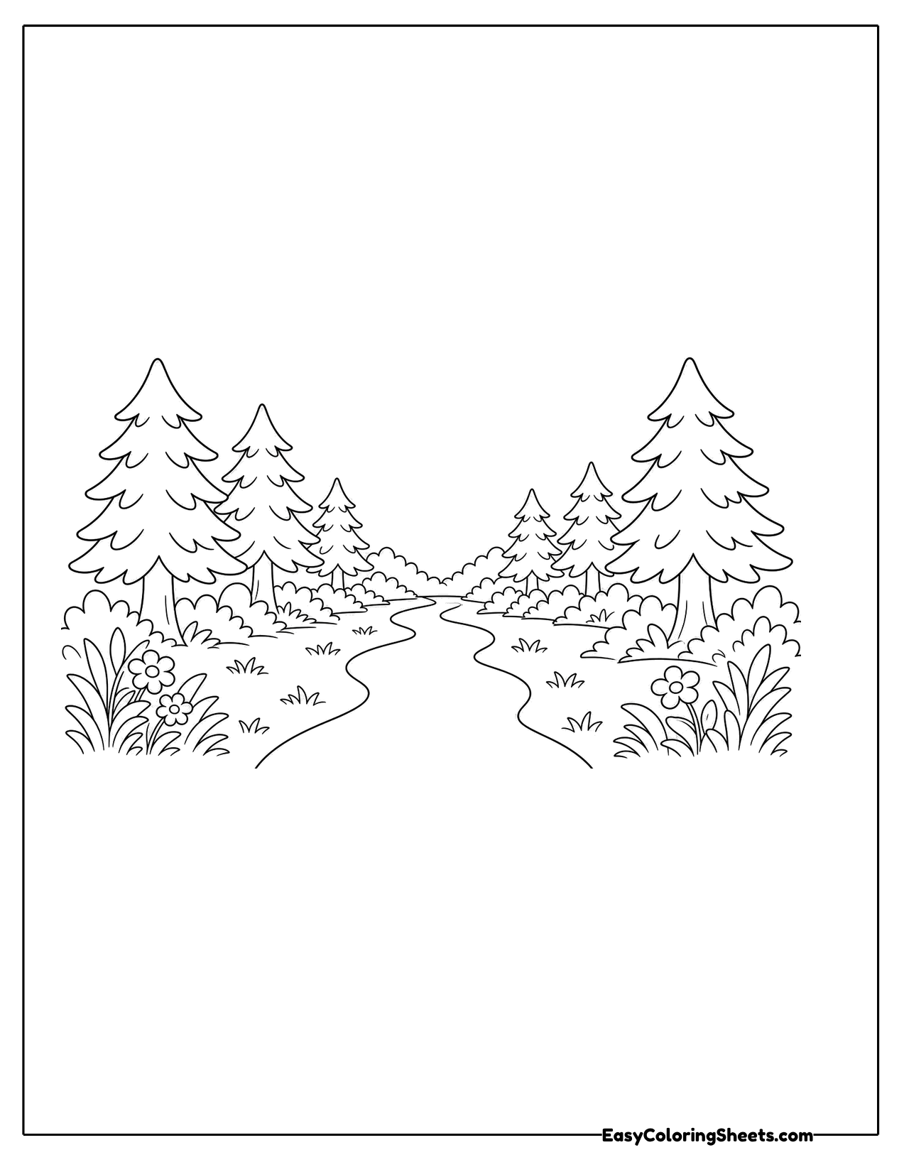 Winding dirt path running between pine trees and bushes