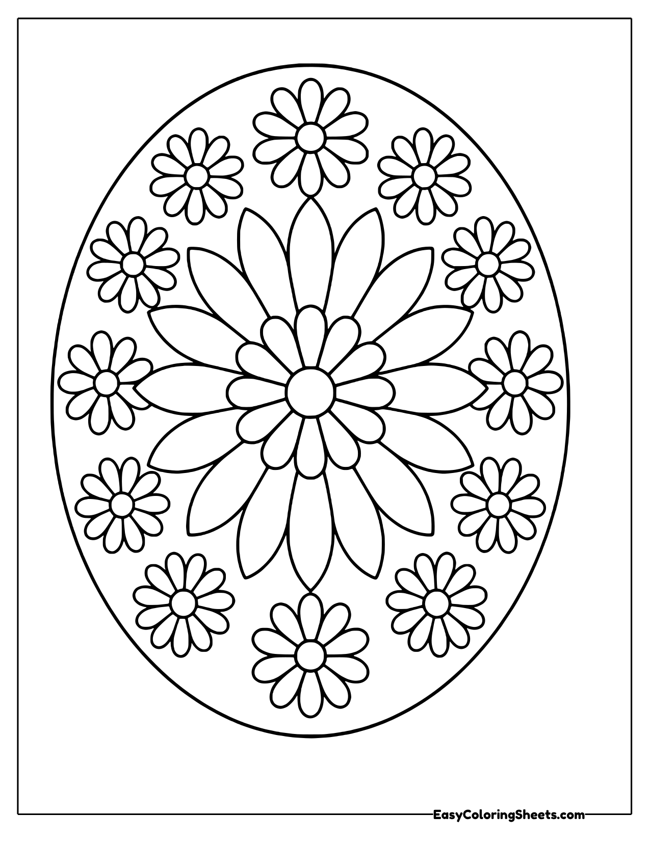 Oval mandala with a central daisy and smaller daisies