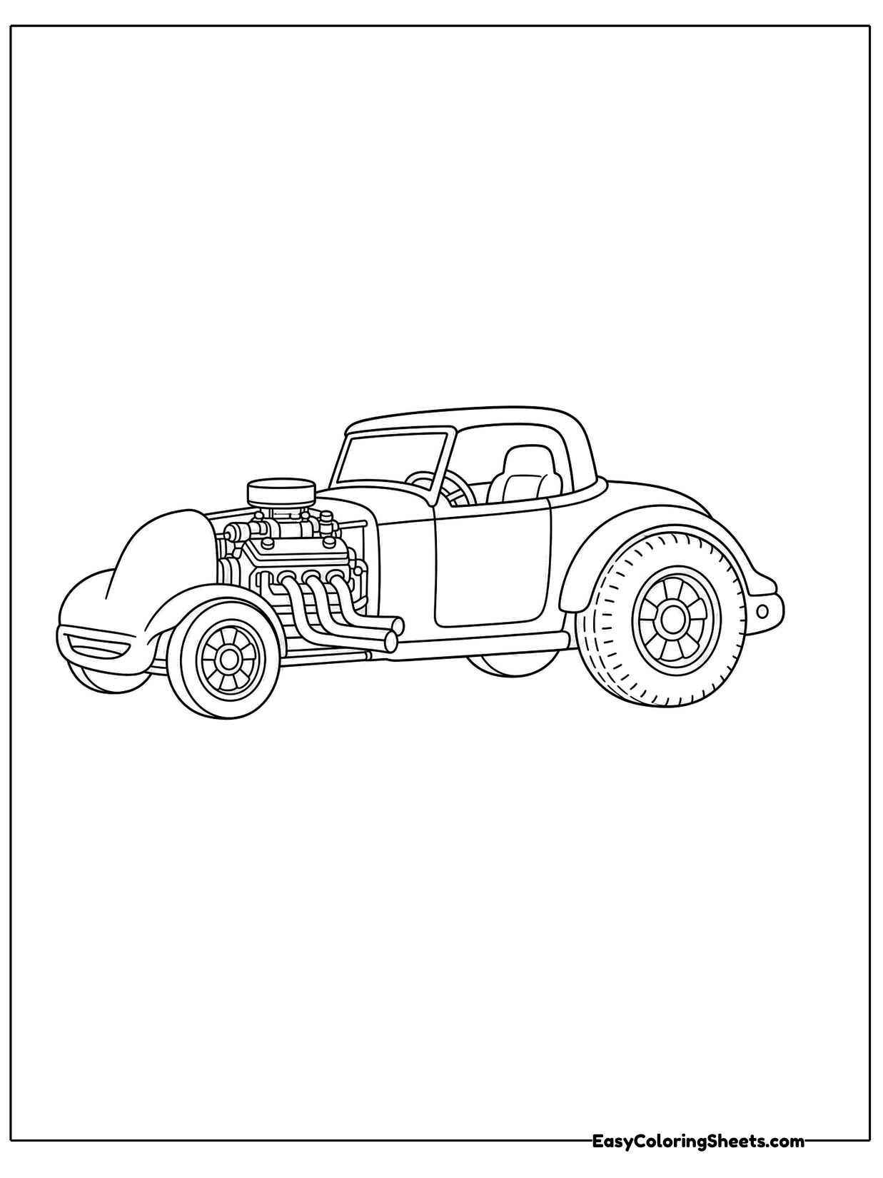 This small hot rod shows an exposed engine with pipes sticking out of the hood, a chopped roof and big rear tires.