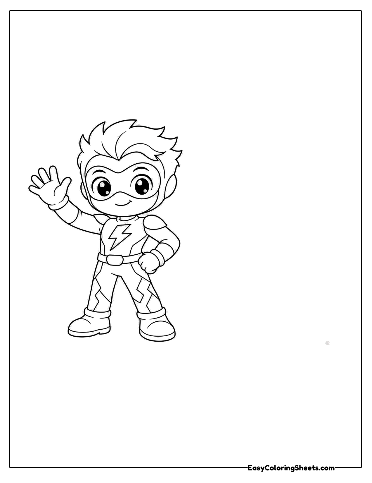 Small cartoon speedster hero kid waving hello