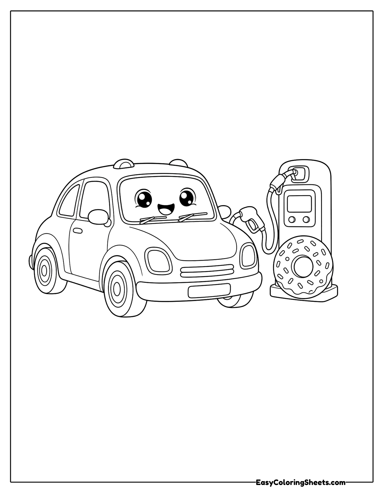 Cartoon car parked beside an old fuel pump