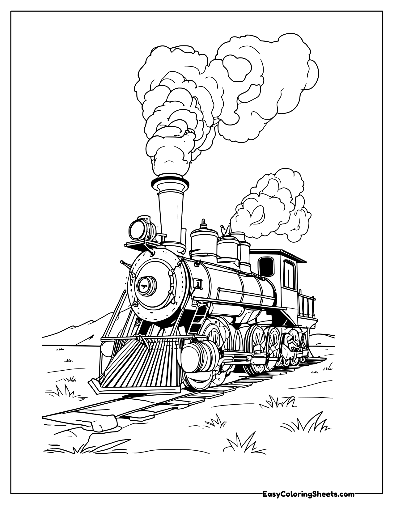 Western frontier steam train with a diamond smokestack and cowcatcher on the tracks