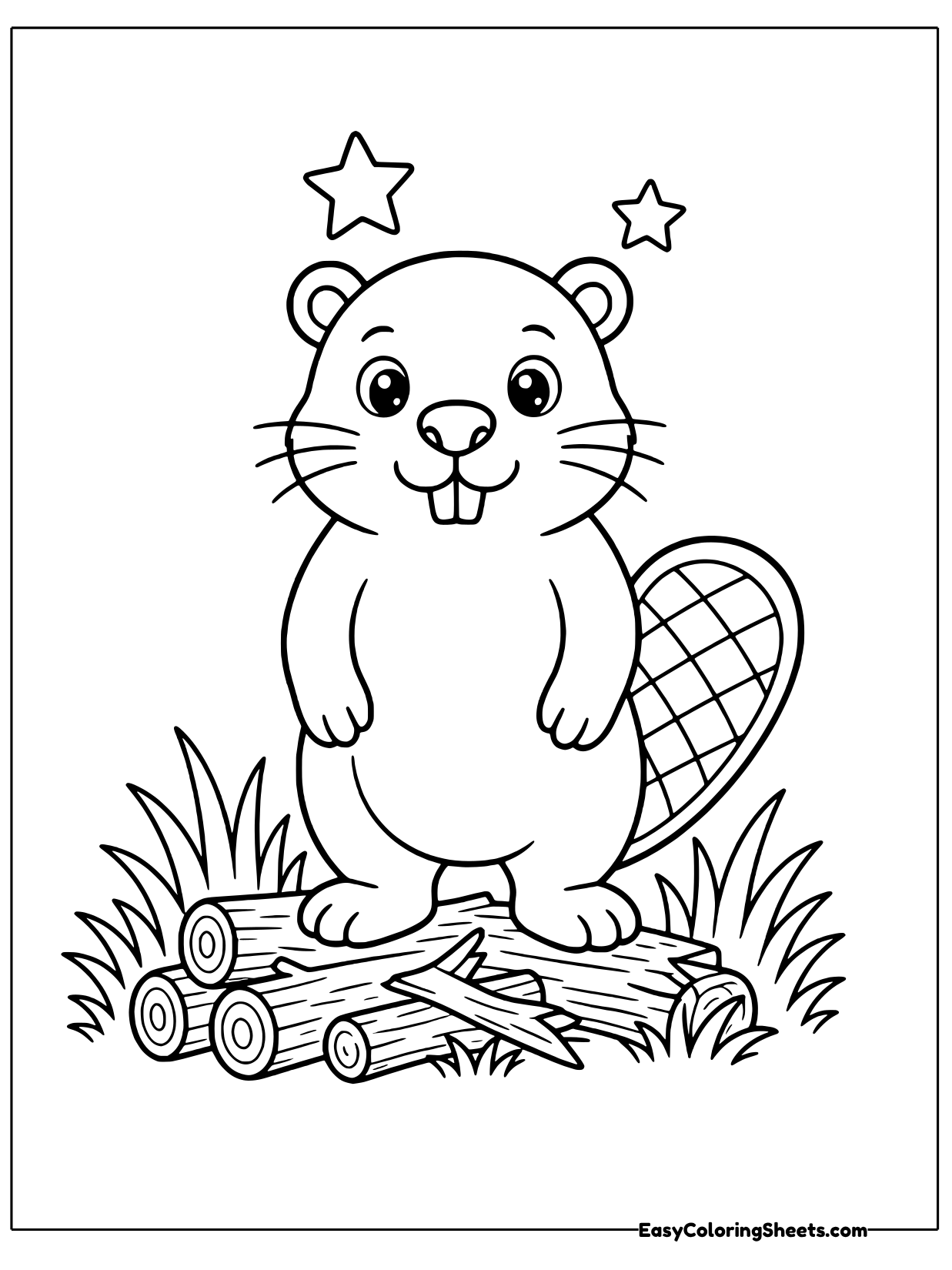 A beaver stands facing forward on a pile of cut logs, its flat tail showing behind one leg and two little stars floating.
