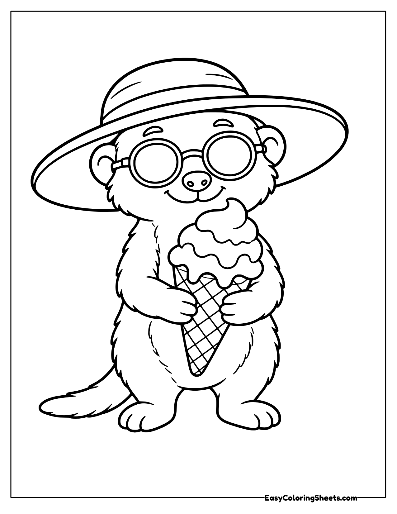 Meerkat in a sun hat and sunglasses holding an ice cream cone