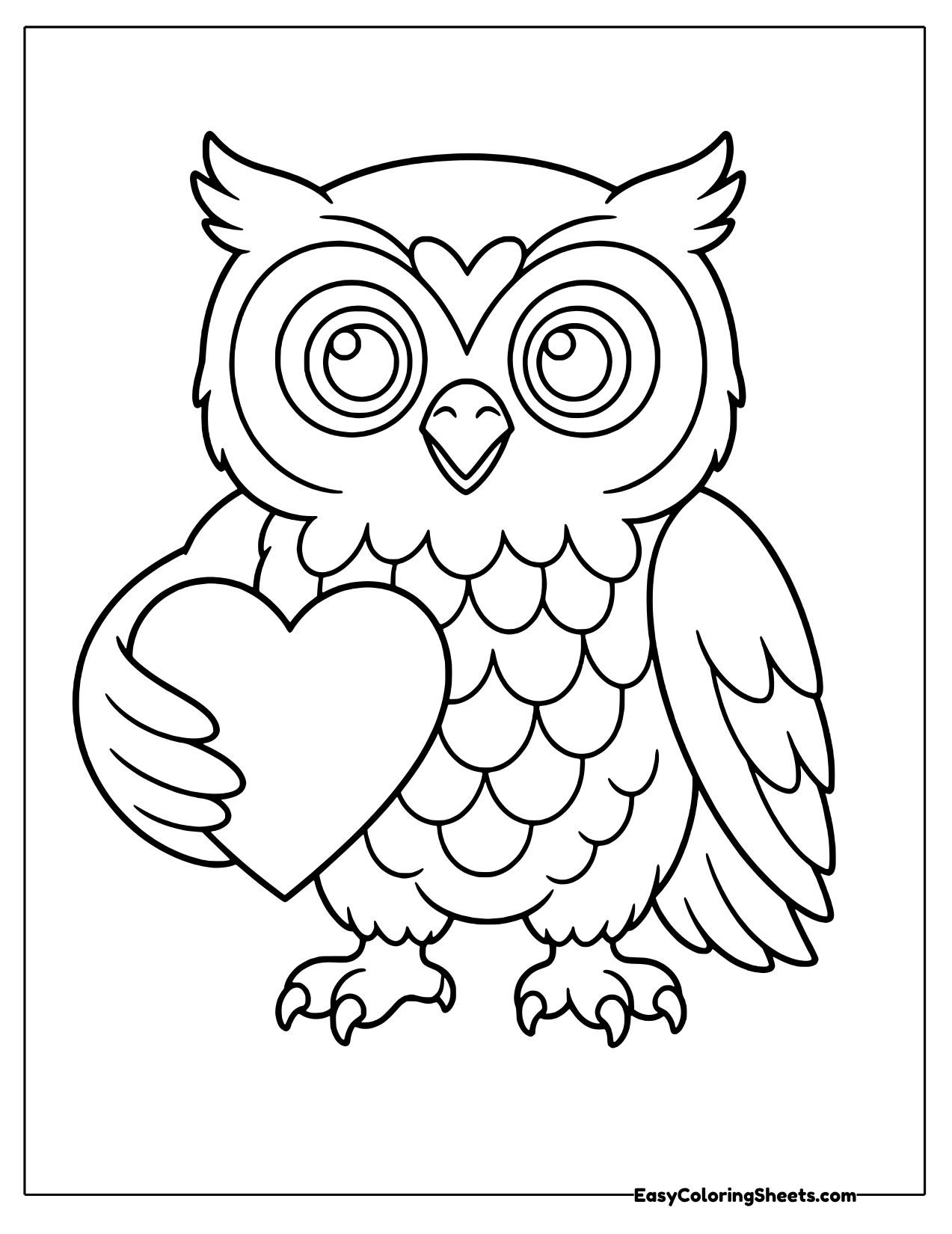 Big-eyed owl with scalloped chest feathers hugging a heart under its wing