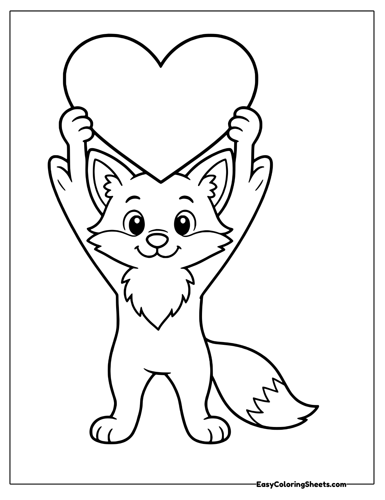 Cheerful fox holding a giant heart high overhead