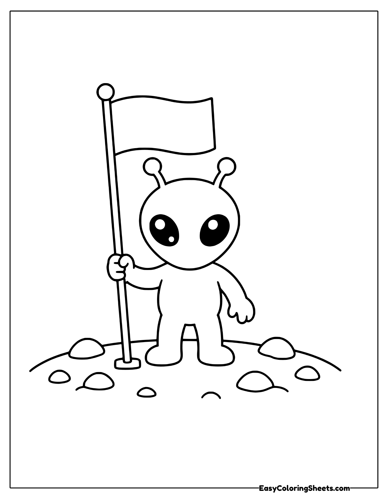 Alien holding a flag planted on the moon