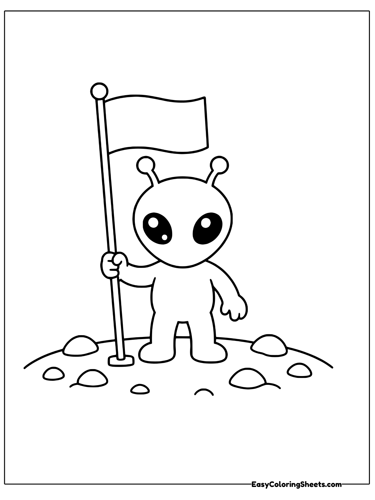 An alien stands next to a flag on a tall pole planted in a cratered moon surface, like an explorer claiming a new world.
