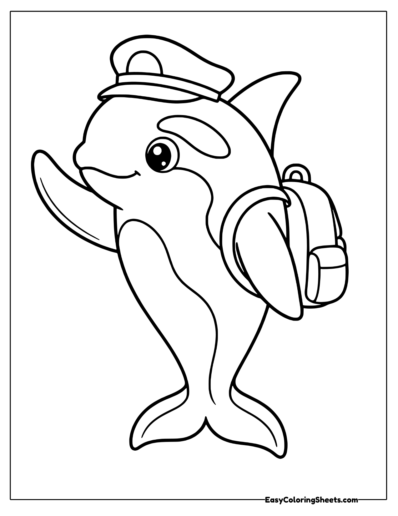 Orca wearing a captain cap and backpack