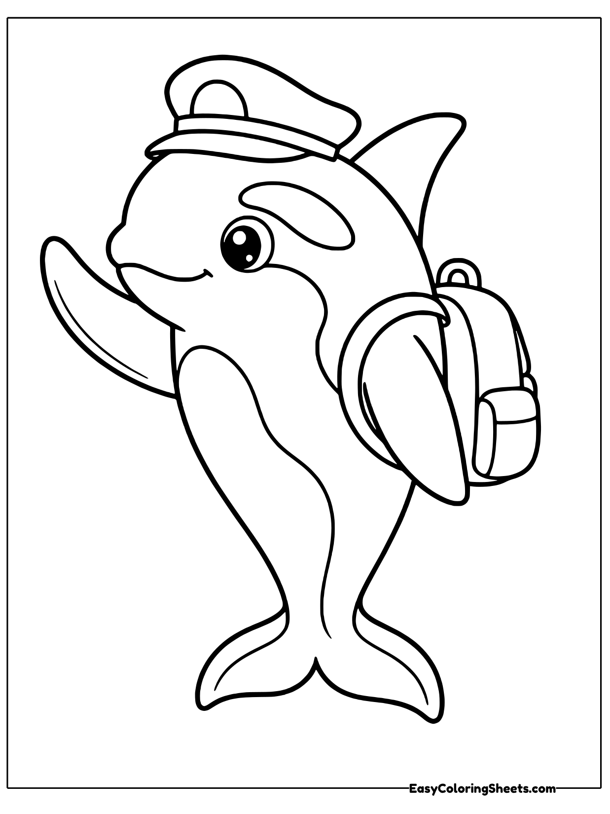A happy orca in a captain's hat carries a backpack on its back as if heading off on an adventure.