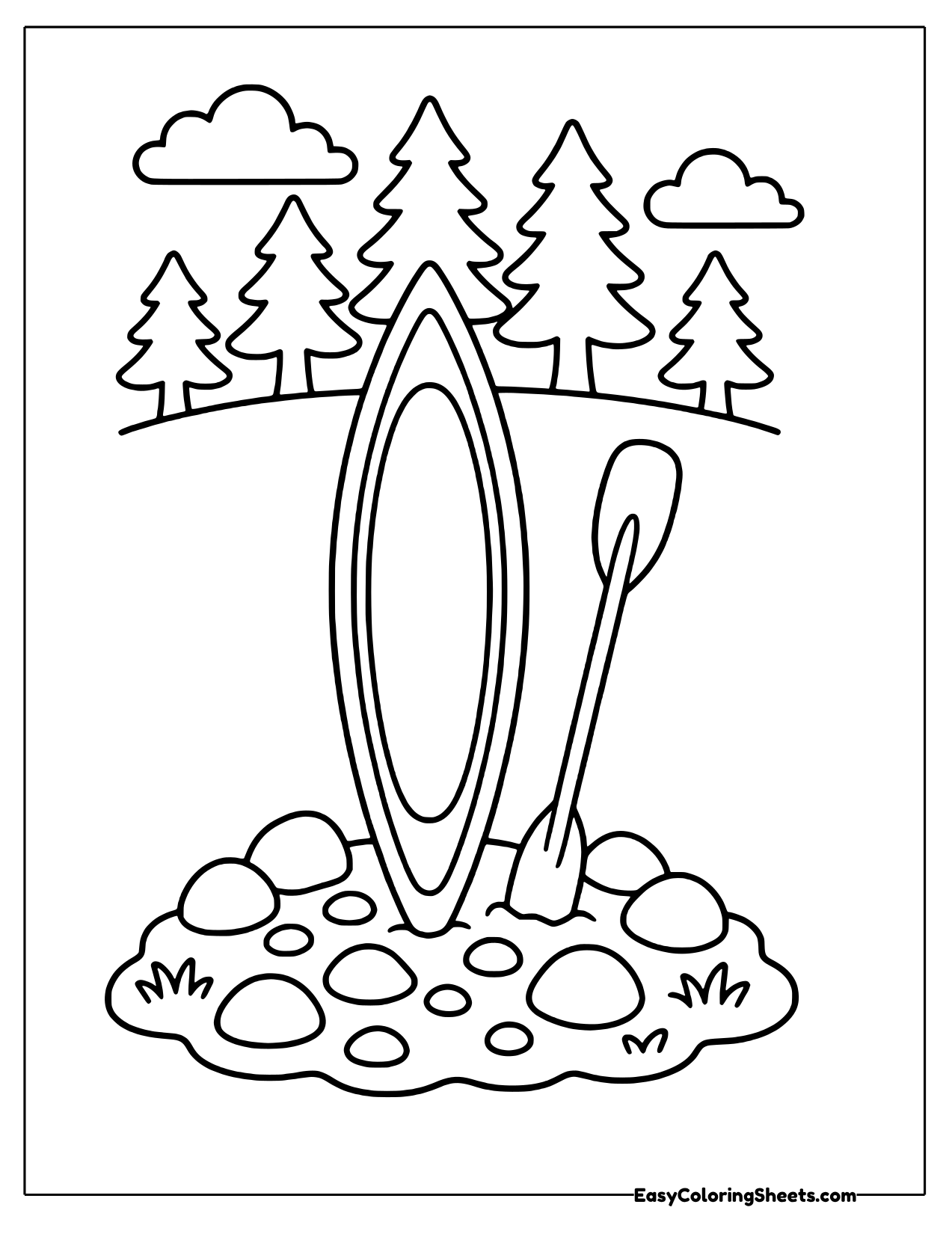 Canoe and paddle standing on rocks by the forest