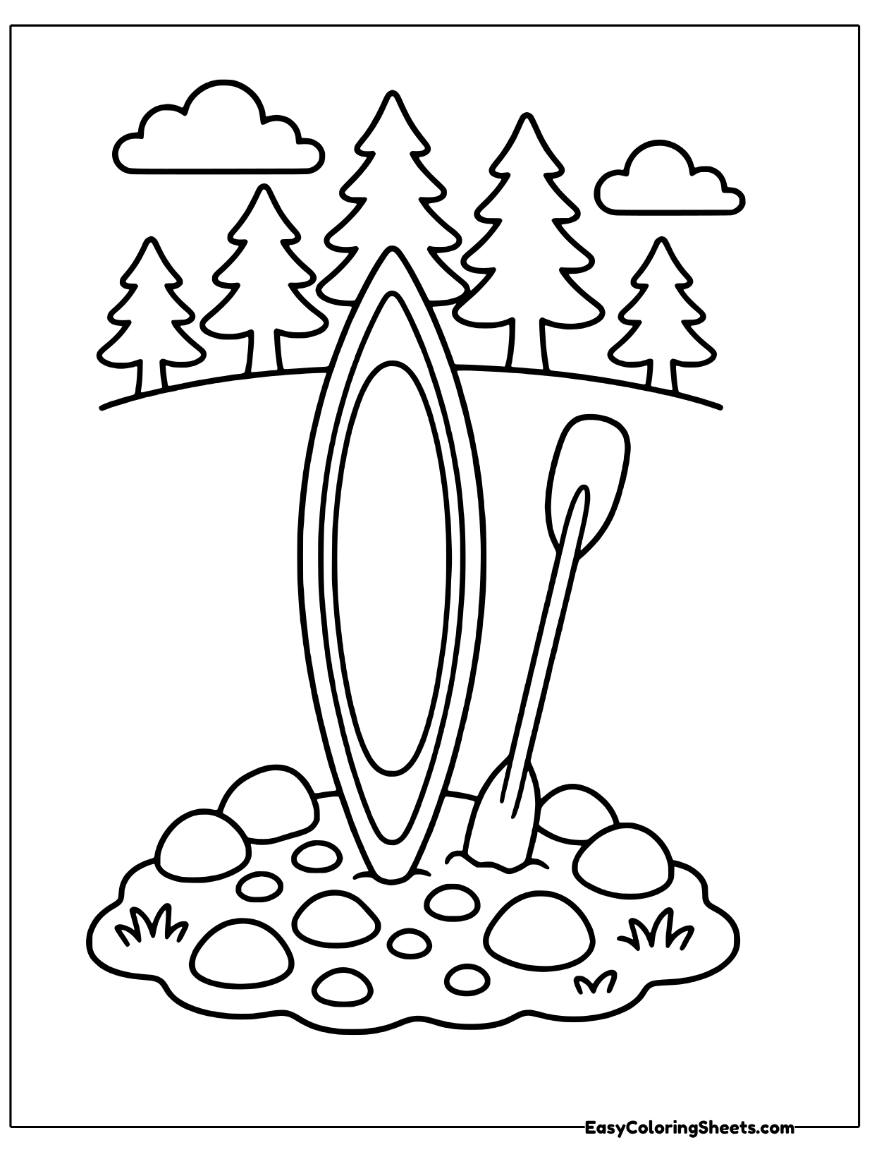 A canoe and its paddle stand upright on a pile of rocks with pine trees and hills behind them.