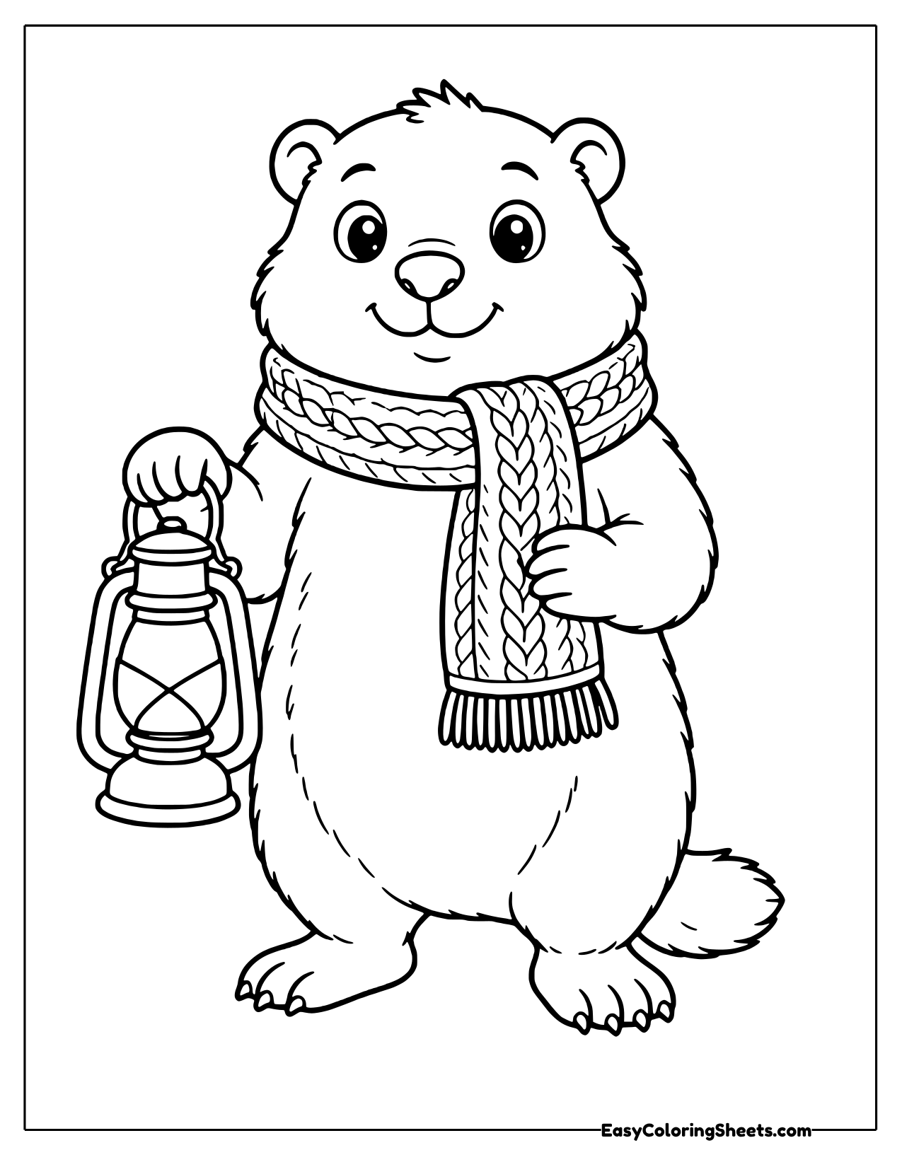 A friendly groundhog bundled in a chunky cable knit scarf holds up an old fashioned lantern.