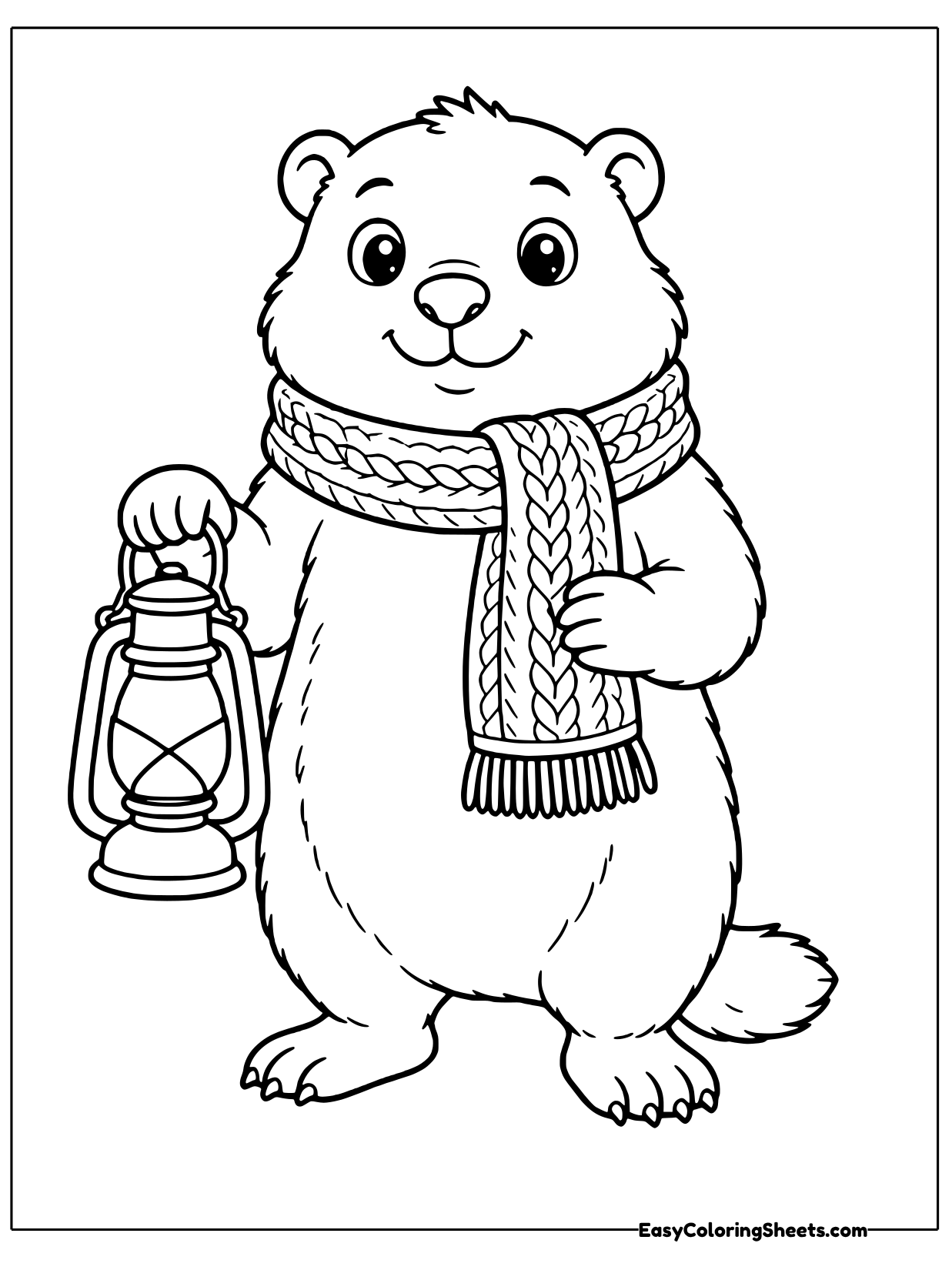 A friendly groundhog bundled in a chunky cable knit scarf holds up an old fashioned lantern.