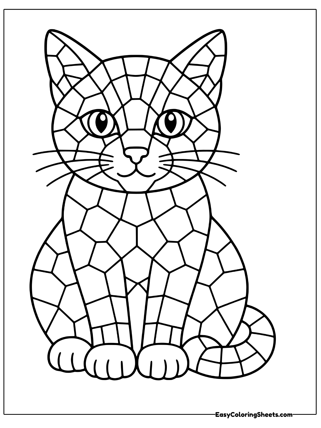 A sitting cat is built from angular mosaic tiles with a detailed face and whiskers.
