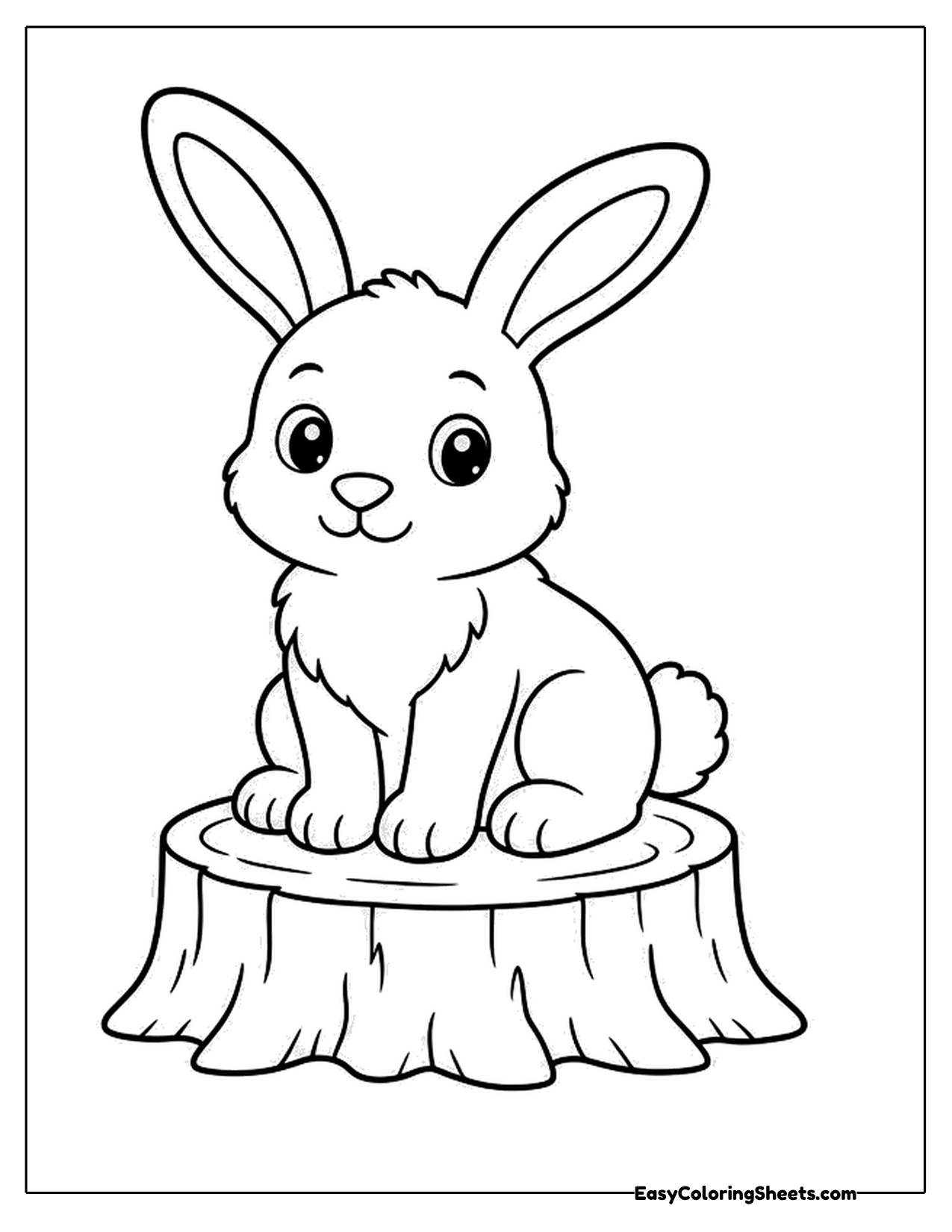 Fluffy rabbit sitting on top of a tree stump
