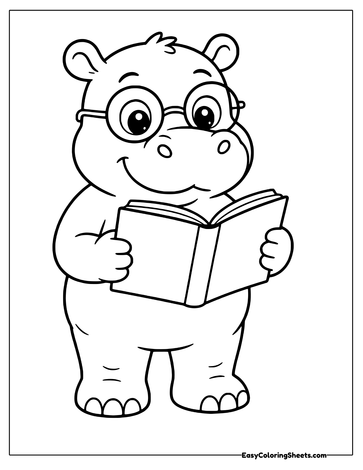Hippo with glasses reading an open book