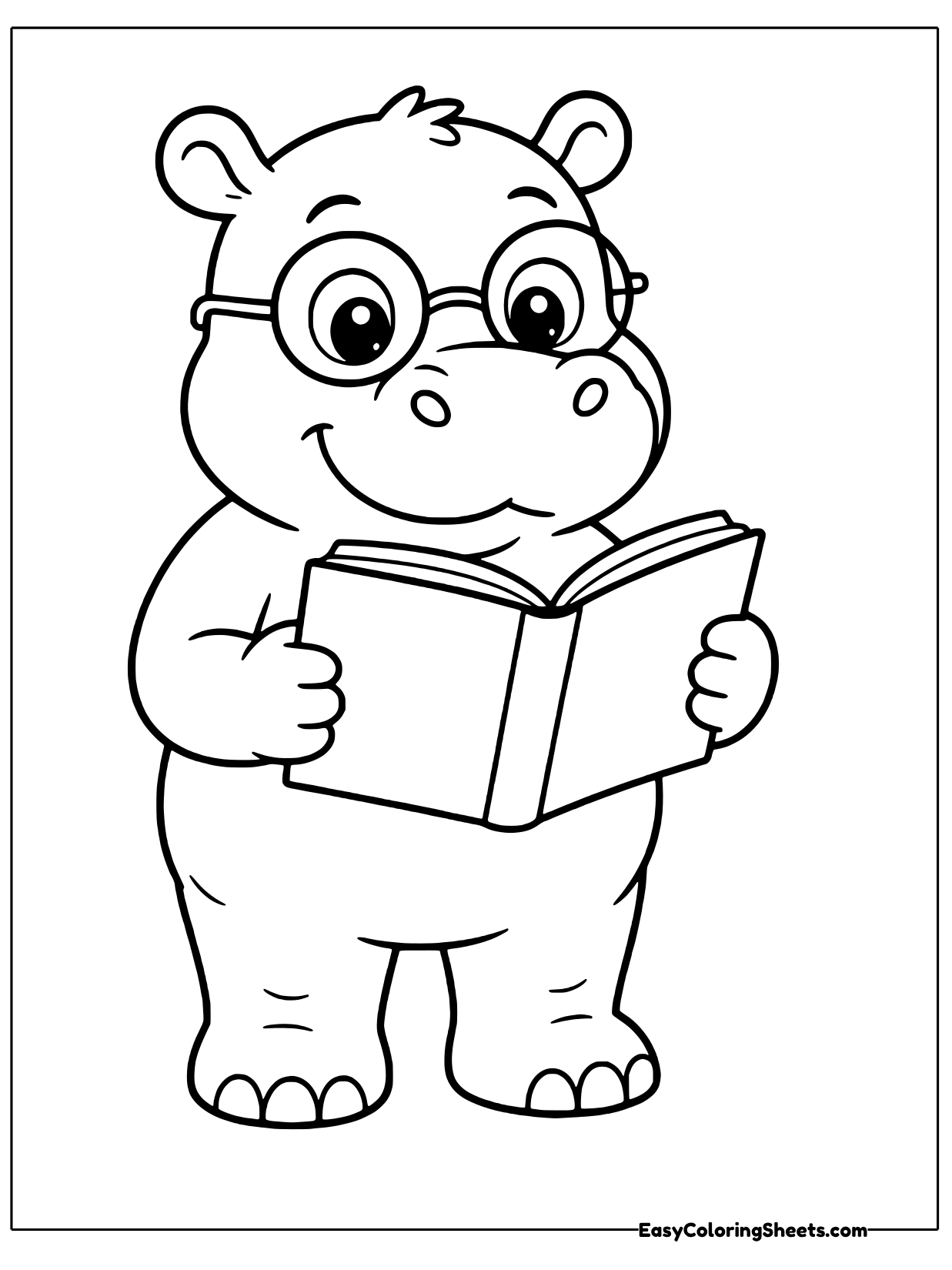 A clever hippo wearing round glasses stands reading an open book held in both hands.