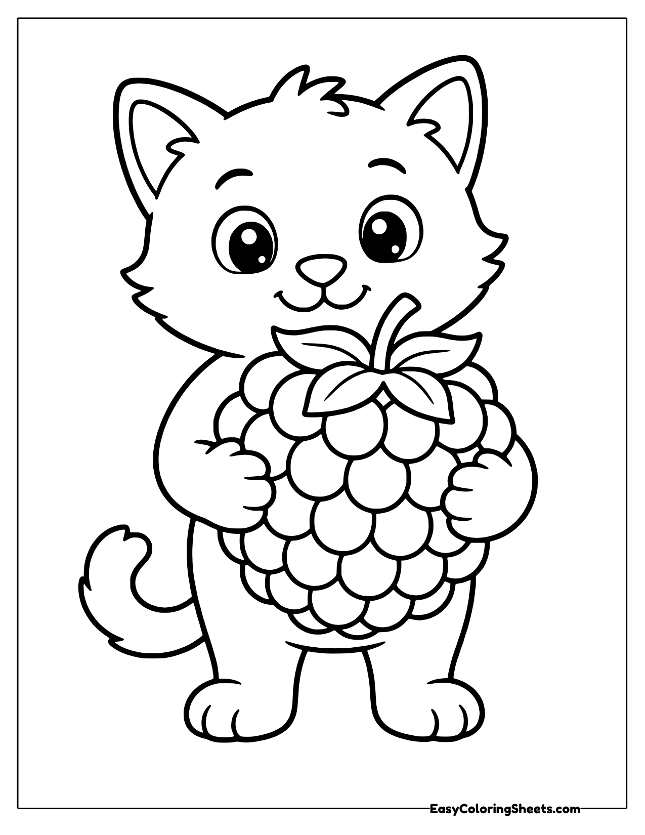 Sweet kitten hugging a giant raspberry almost as big as its body