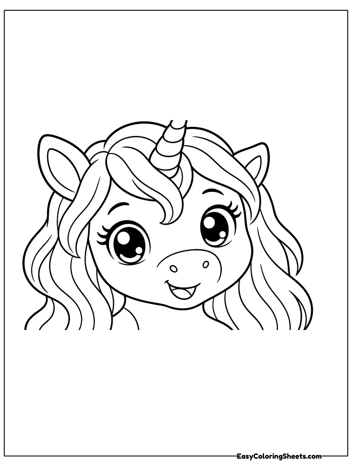 A unicorn's face fills the page with huge sparkly eyes, long lashes, a spiral horn and a wavy mane framing its cheeks.