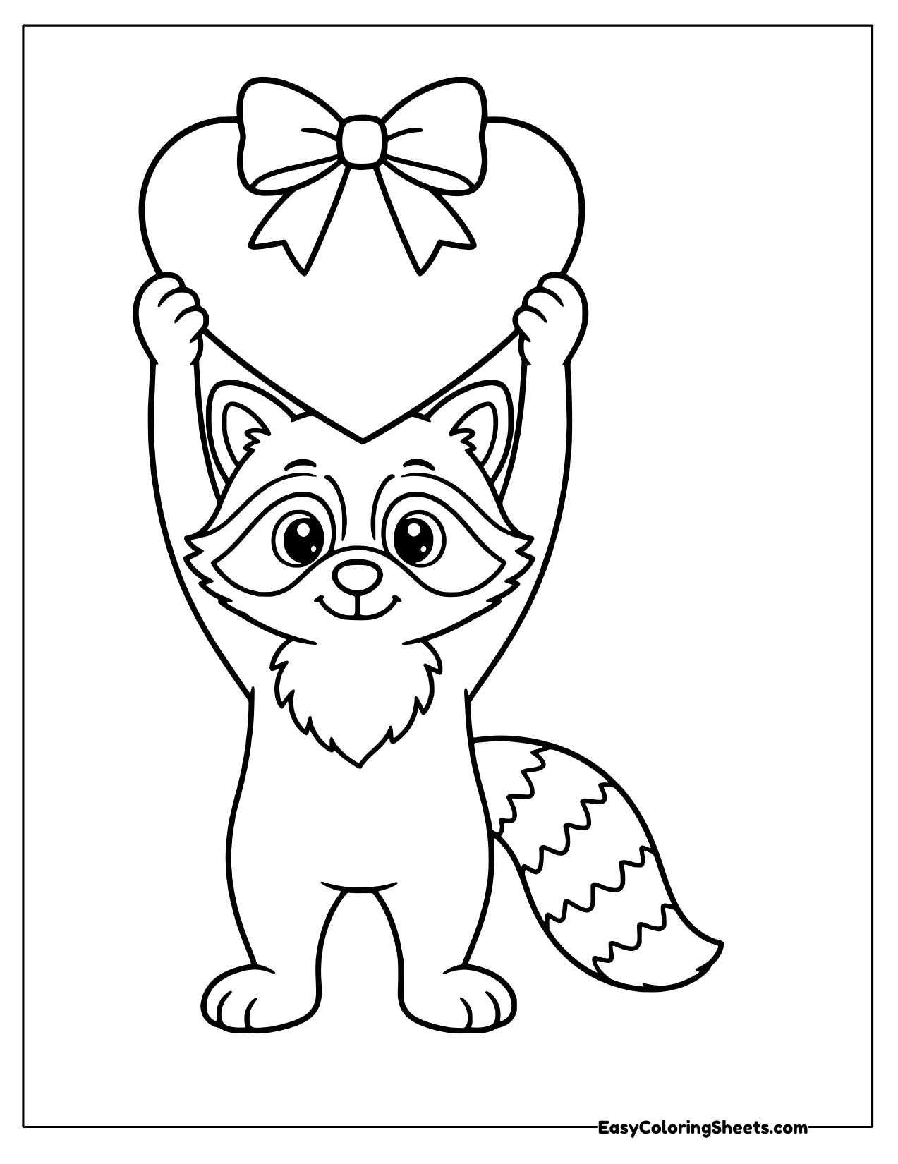 Happy raccoon lifting a big bow-topped heart overhead
