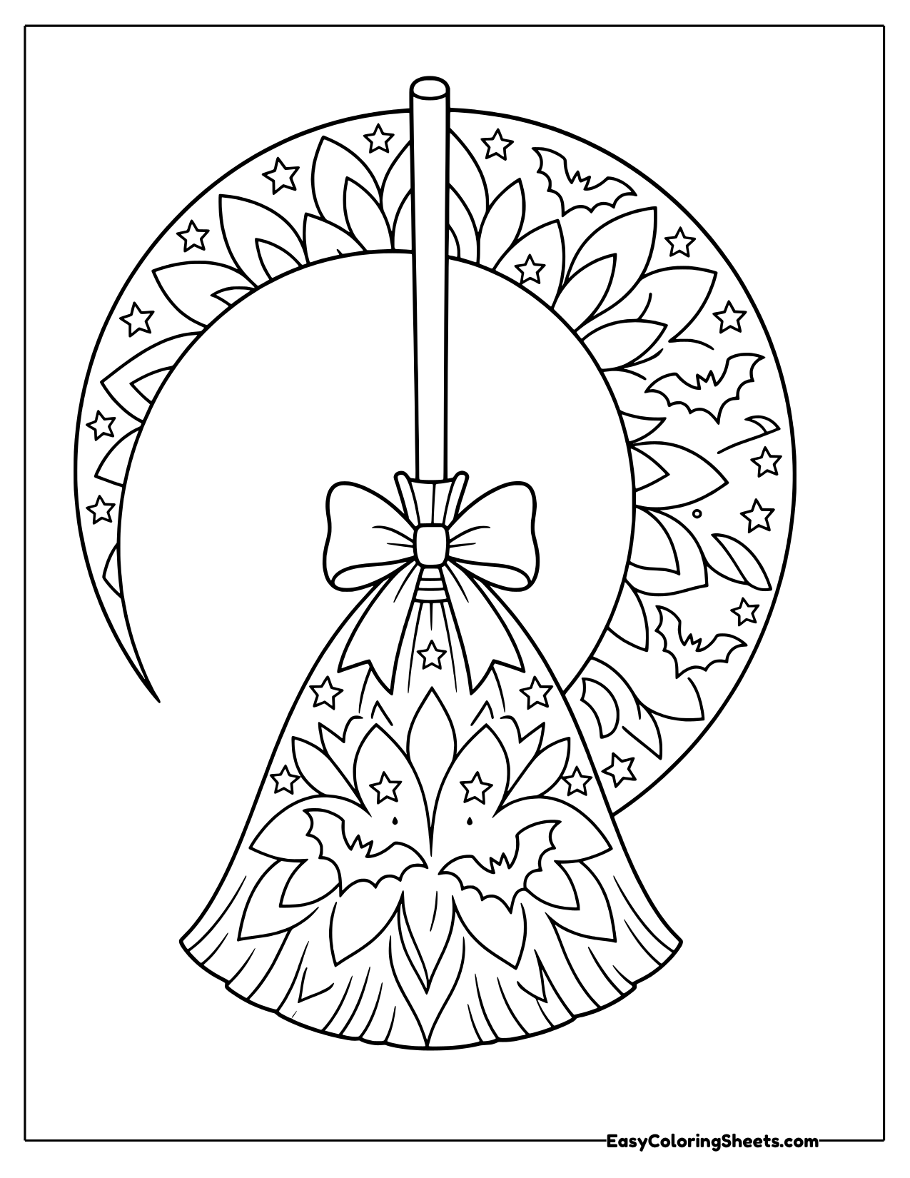 Witch broom with a bow in front of a patterned crescent moon with bats and stars