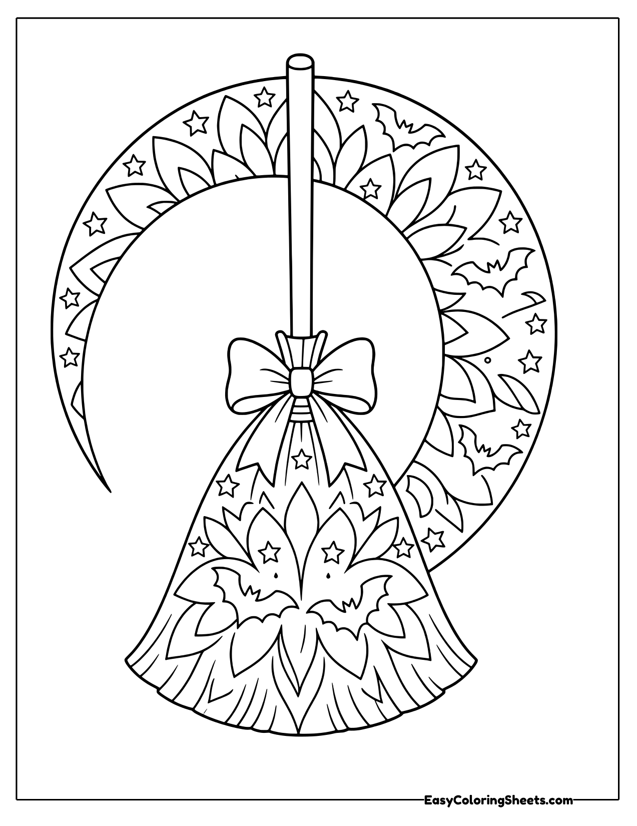 Witch broom with a bow in front of a patterned crescent moon with bats and stars