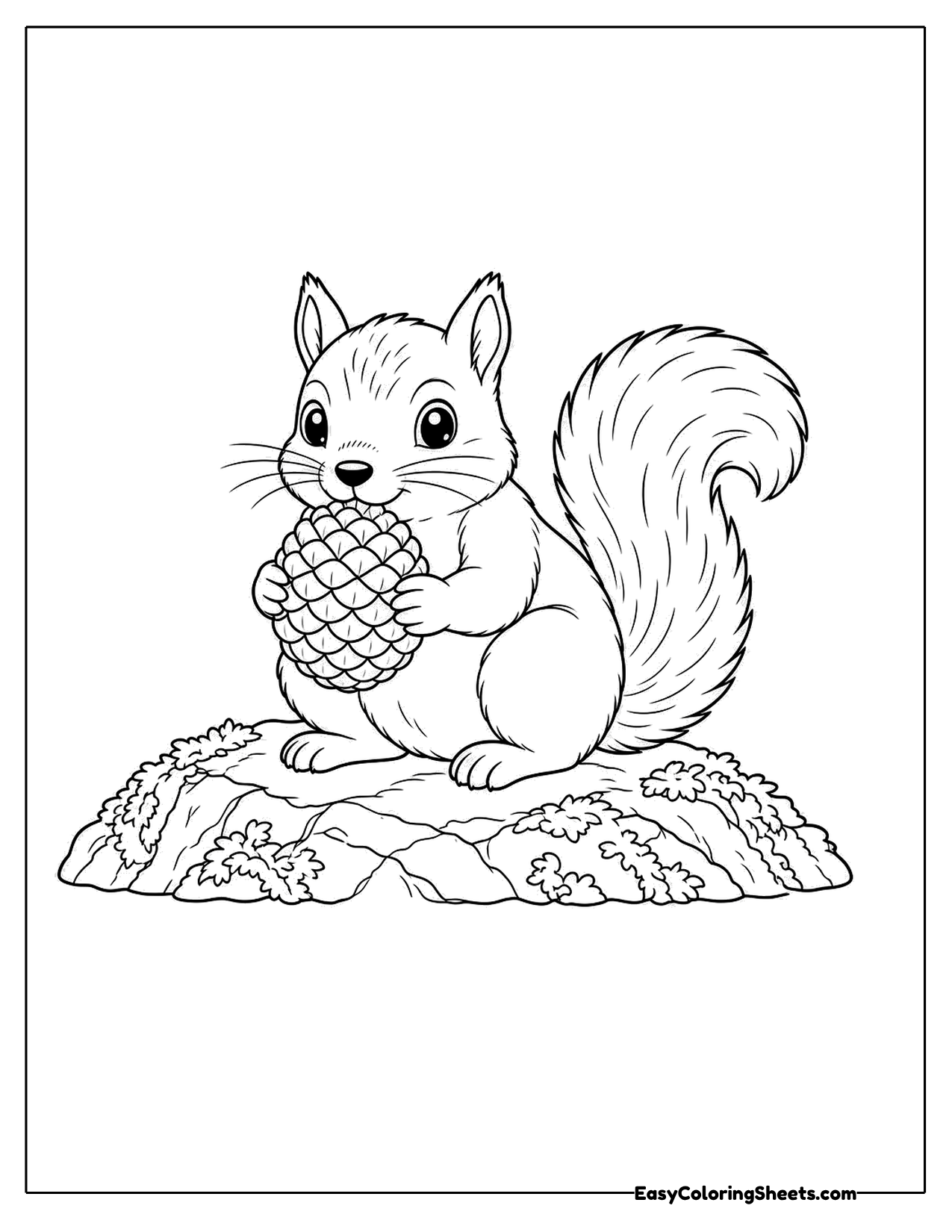 Squirrel nibbling a pinecone on a rock