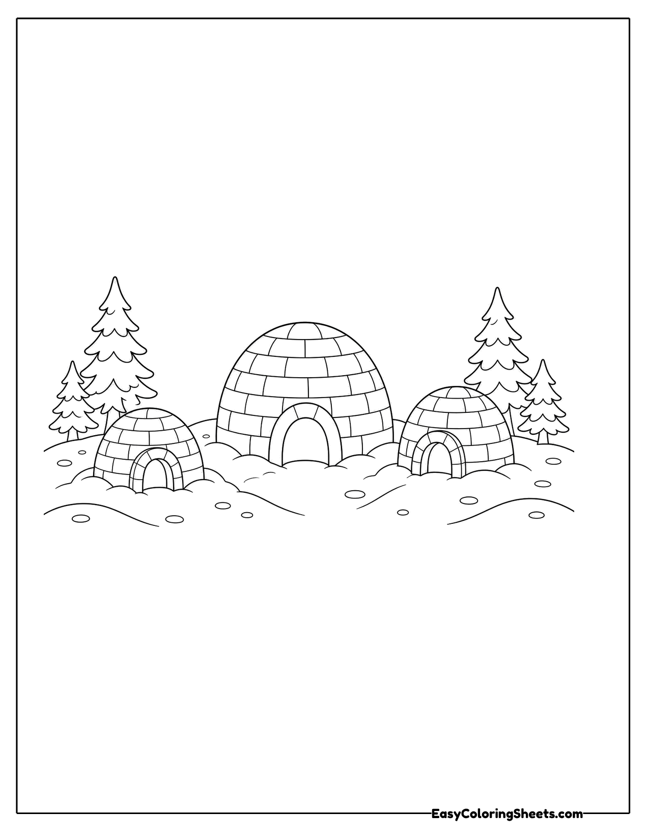 Small snowy village of igloos and pine trees
