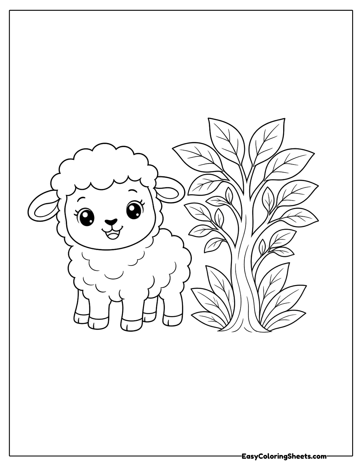 Little sheep standing beside a leafy plant