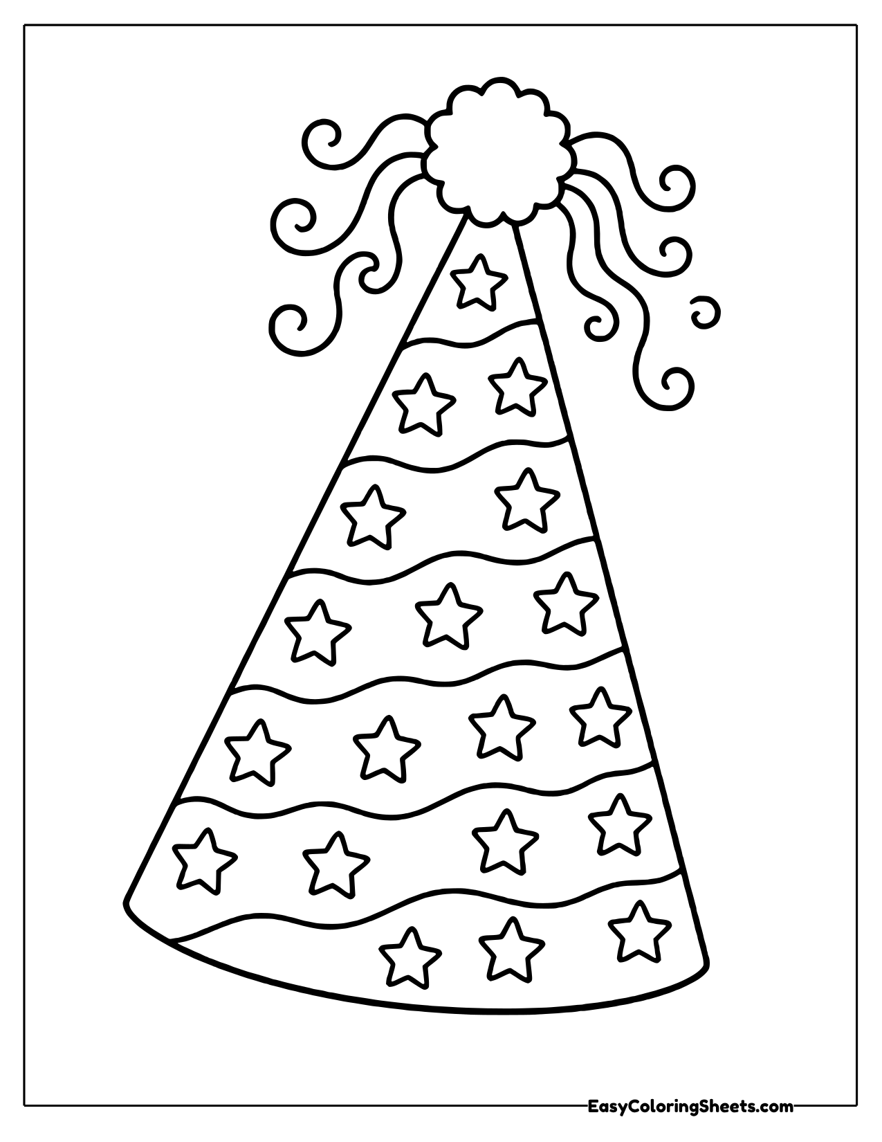 Tall star covered party hat with a pom pom and curly streamers