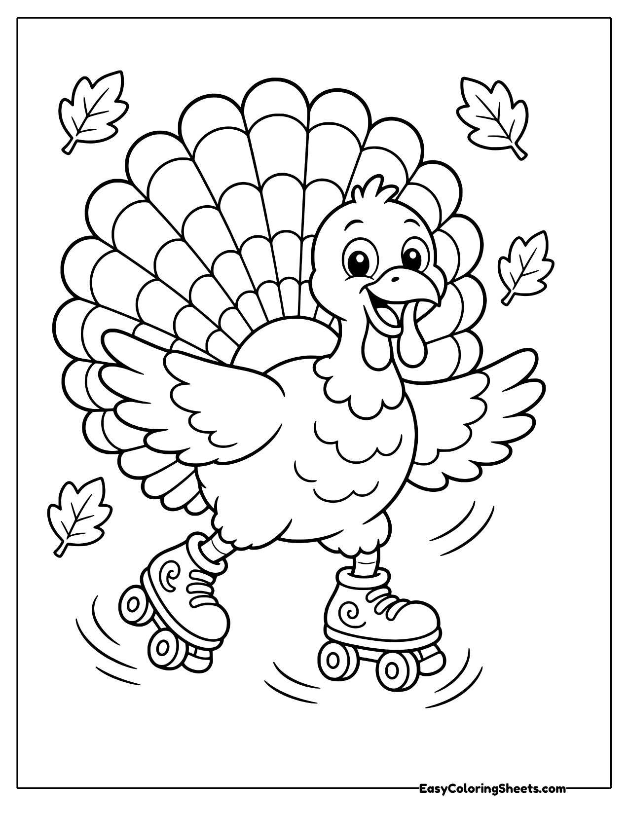 Turkey roller skating with wings spread and fall leaves