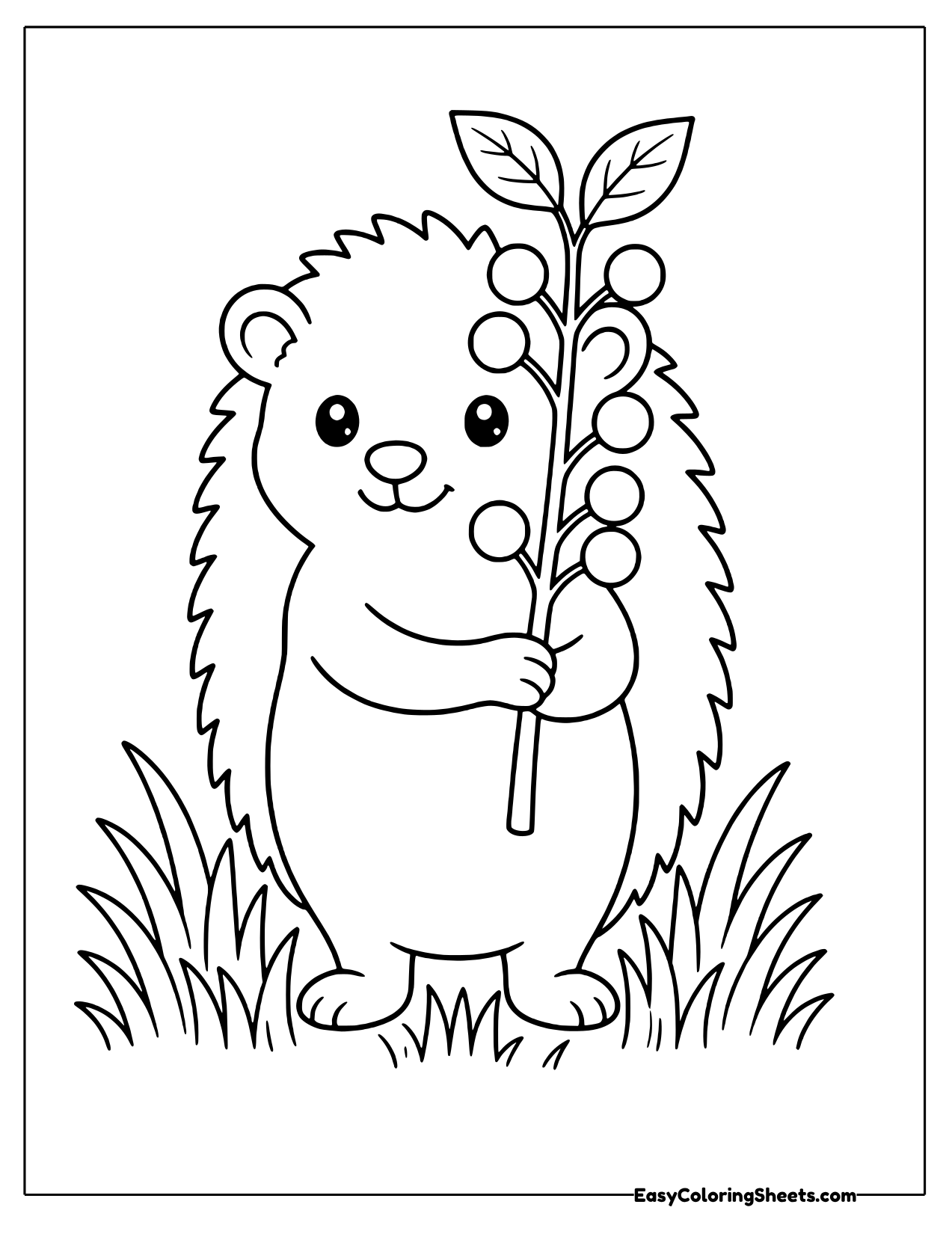 Hedgehog holding a branch of round berries