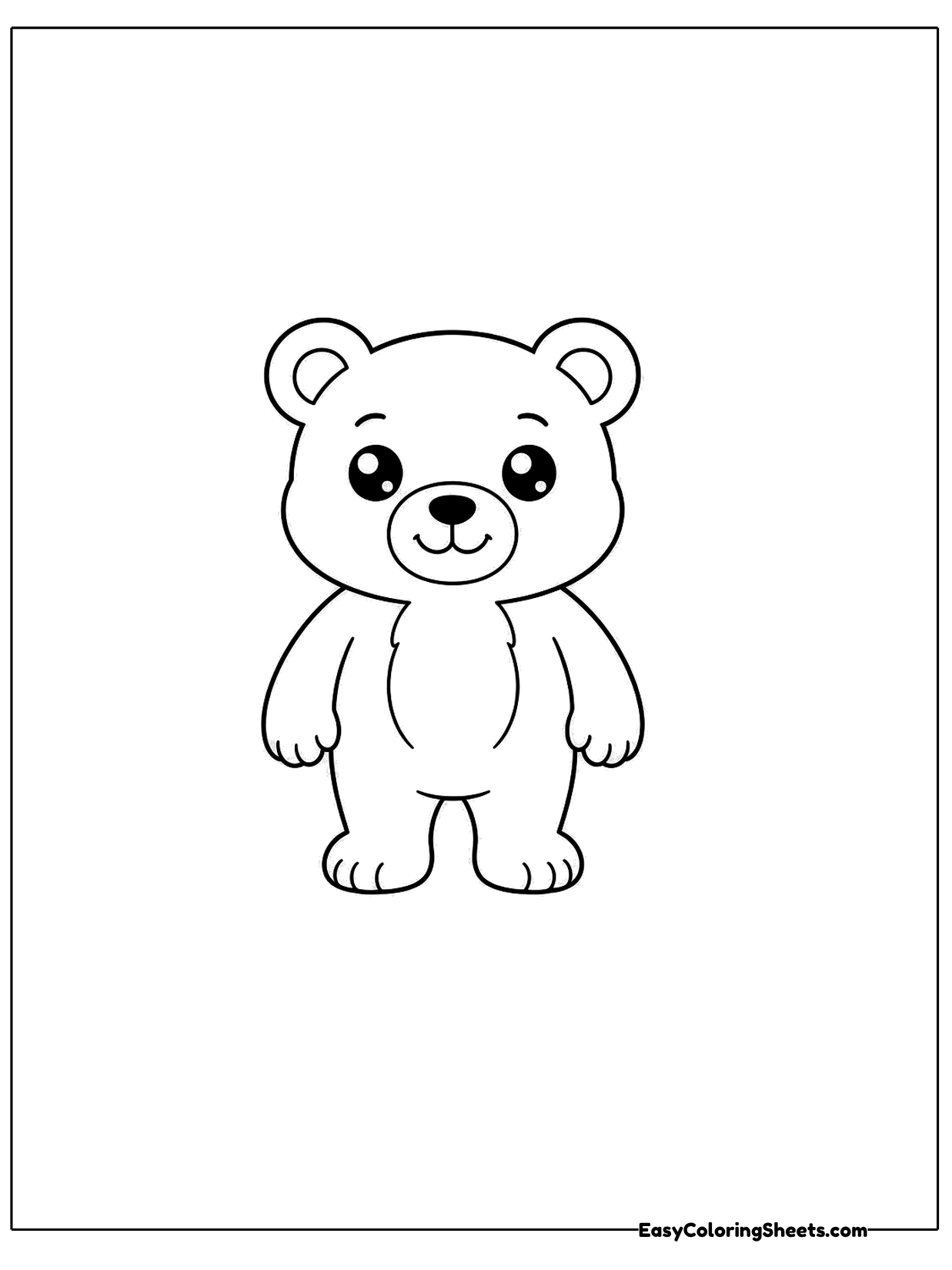 A bear cub stands facing forward with its arms at its sides and a small smile.