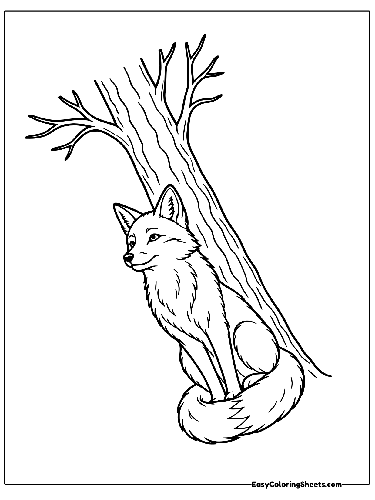 A fox sits calmly at the foot of a tall tree trunk, its bushy tail wrapped around its paws.