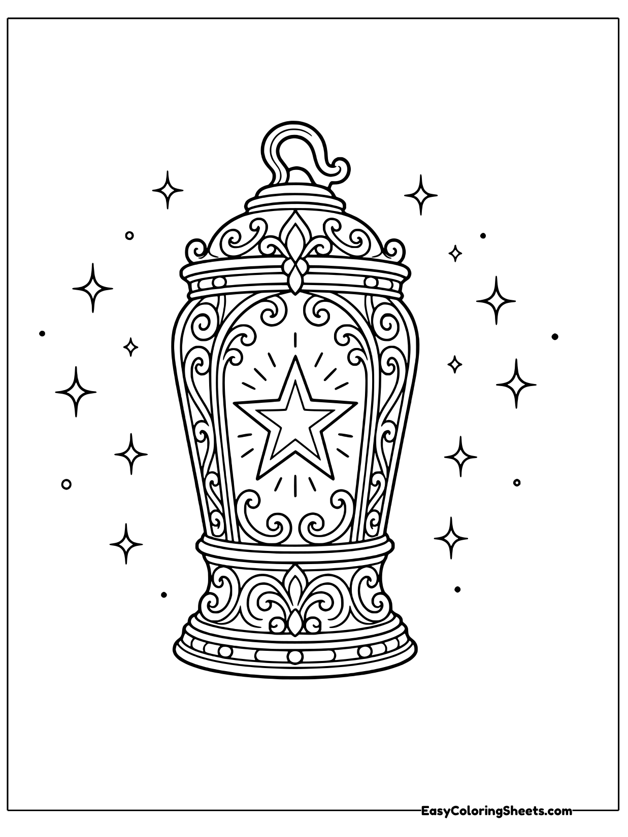 A decorative lantern with a round handle glows with a star in its center, and sparkles twinkle around it.