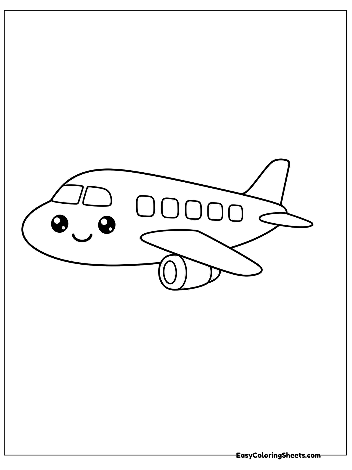 A passenger plane with a happy face and a row of round windows flies to the right.