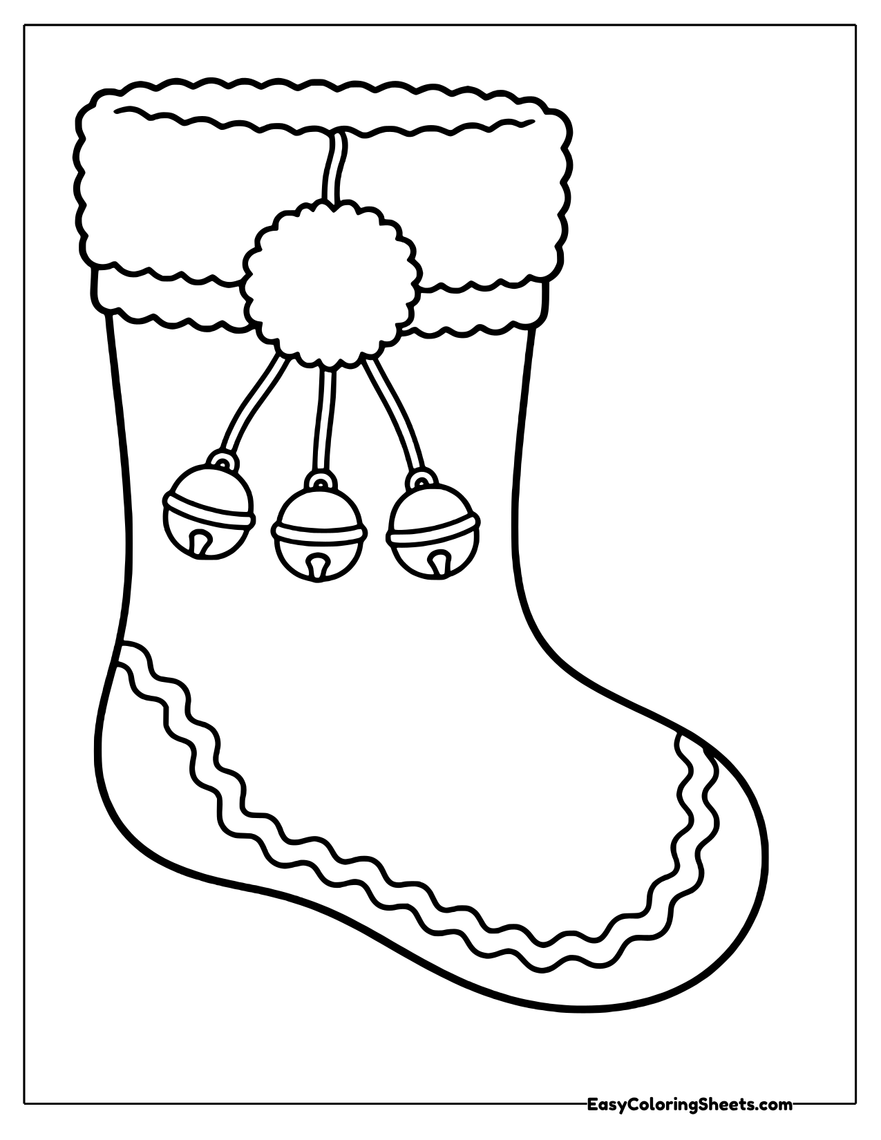 Christmas stocking with a pom pom cuff and three hanging jingle bells