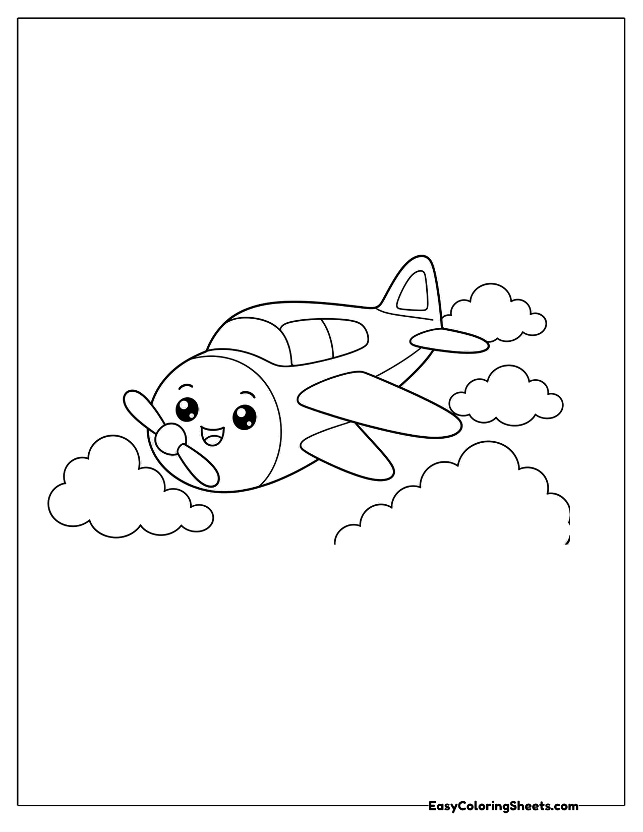 Smiling propeller plane flying through clouds