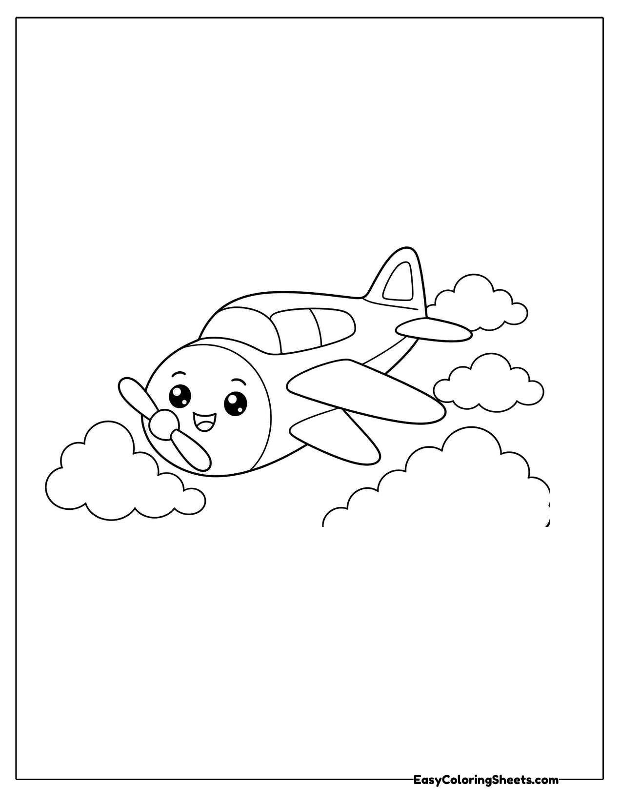 Smiling propeller plane flying through clouds