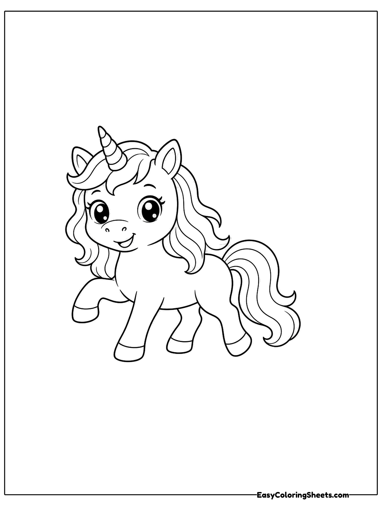 A little unicorn trots forward with one front hoof lifted, its curly mane and tail bouncing with each step.