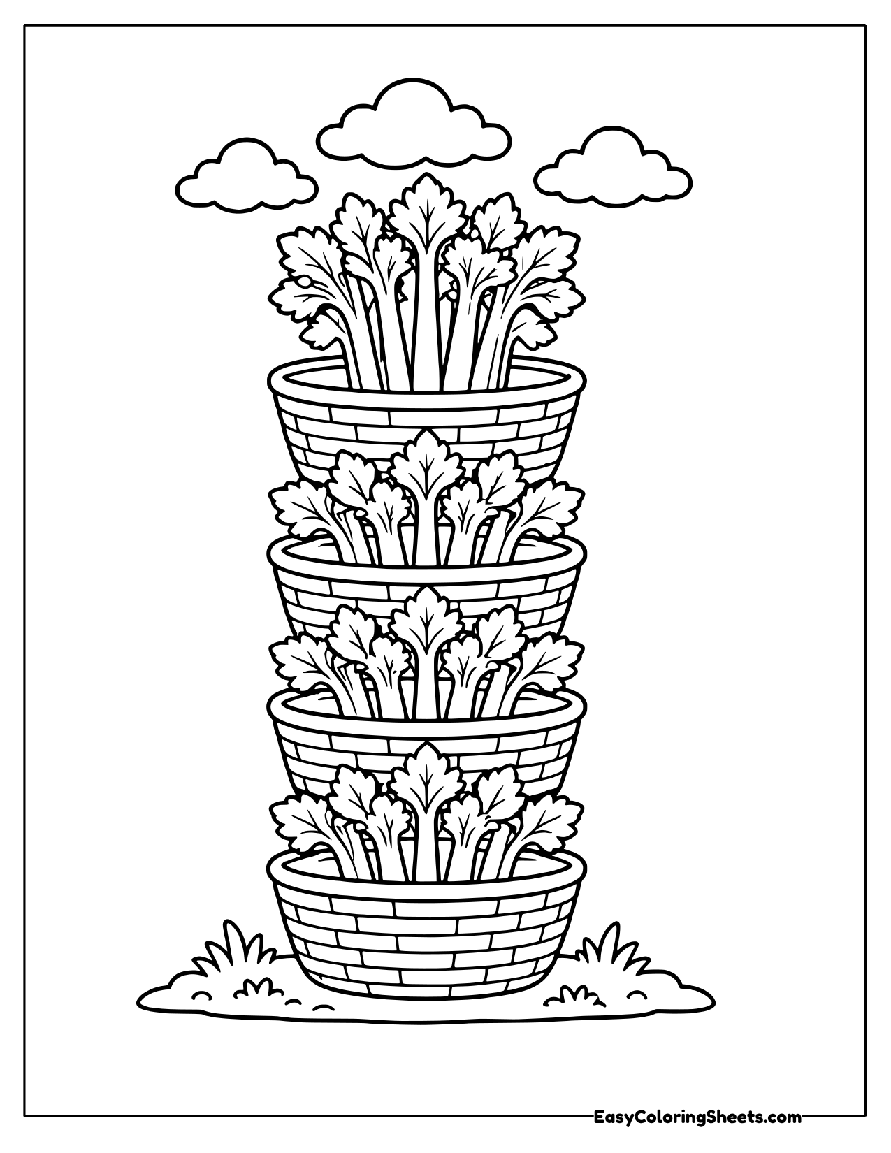 Celery stalks in a tower of stacked baskets
