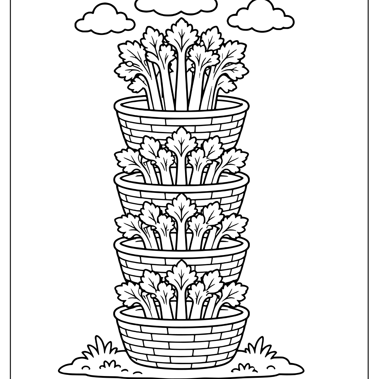 Celery stalks in a tower of stacked baskets