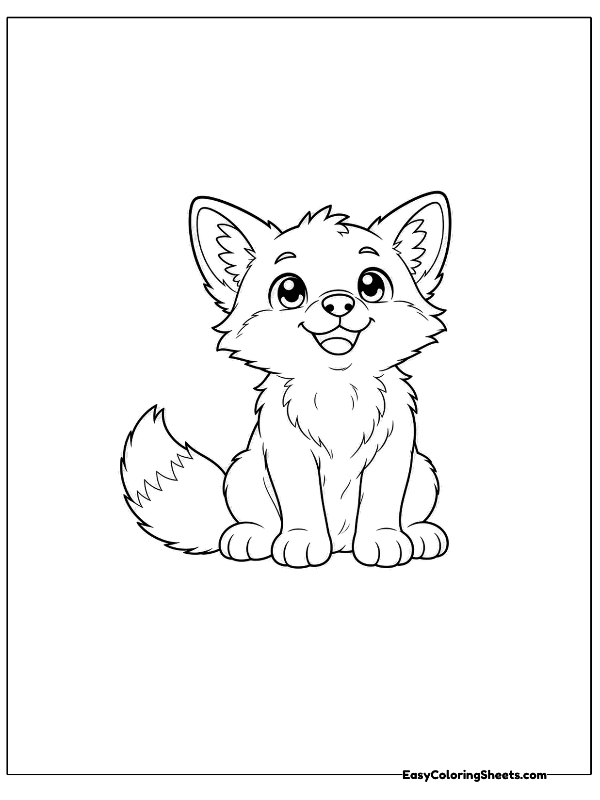 A fluffy fox sits upright with a full furry chest, perky ears and a gentle smile.
