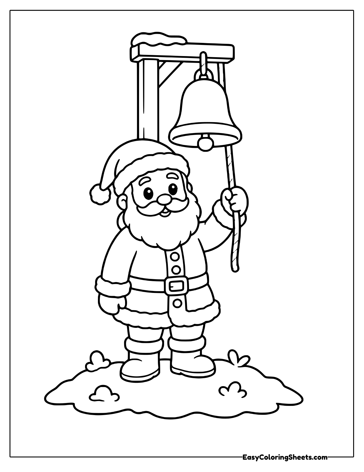 Santa standing on a snowy mound beside a hanging bell